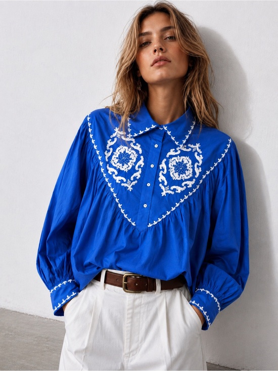 Zara Tops - 💙 Zara | 100% COTTON | Embroidered Western Blue Blouse | Small